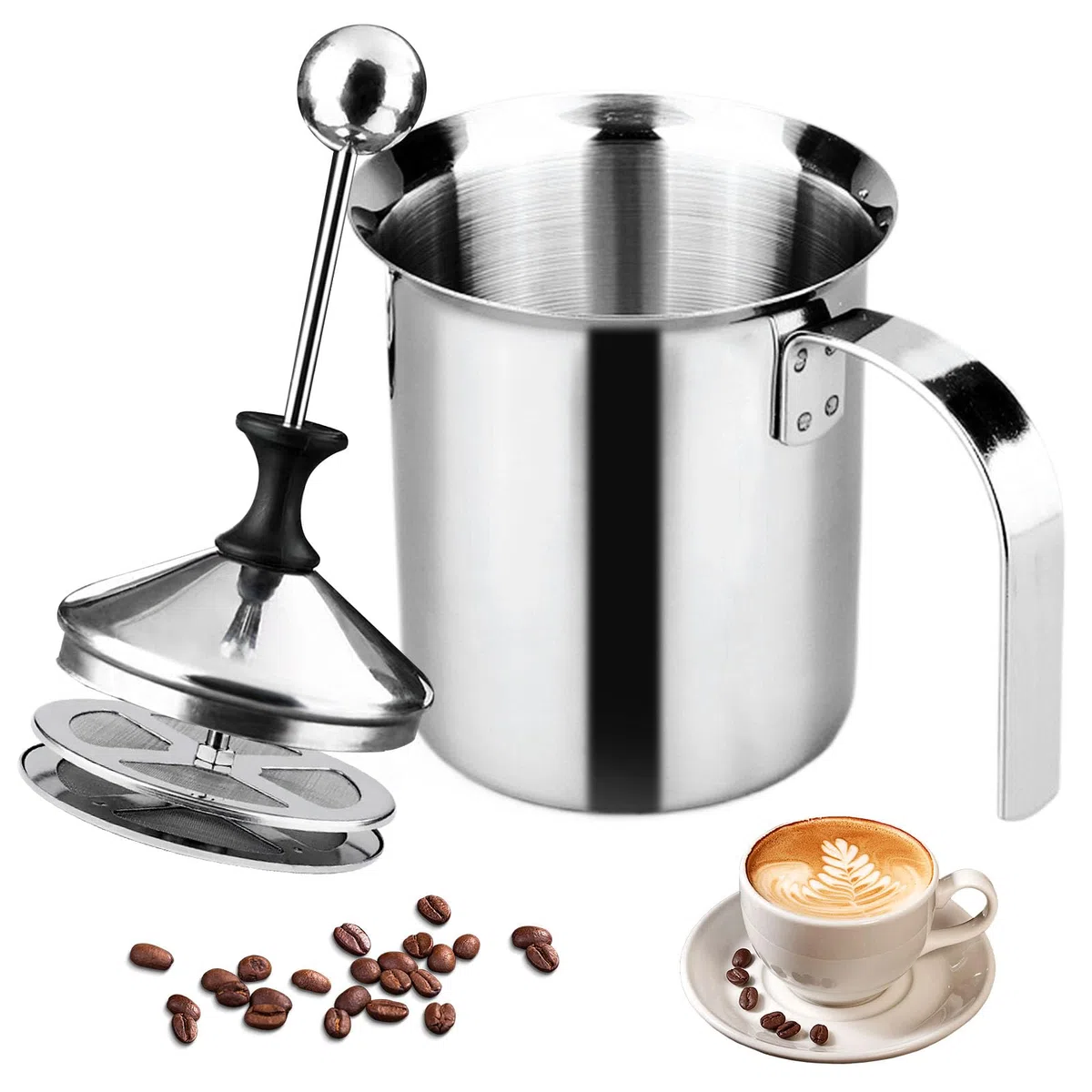 400ml Montalatte Manuale, Schiumalatte con Pompa a Mano, Montalatte a Pompa, 304 Schiumalatte in Acciaio Inox Doppia Rete Manual, Cappuccinatore Manuale per Cappuccino e Caffè