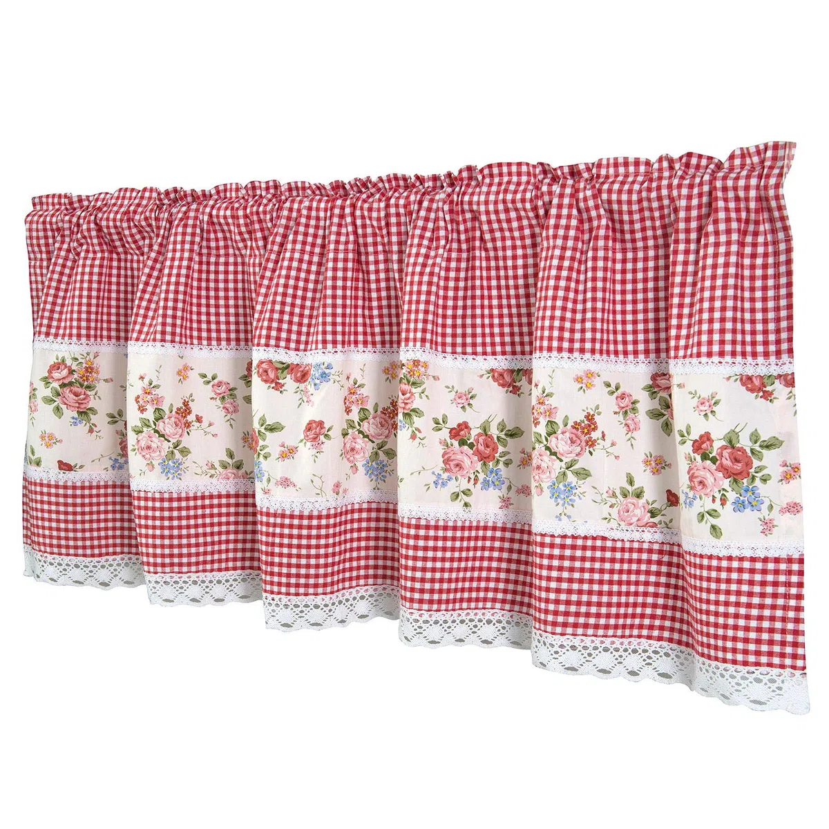 Dreamskull - Tendina da cucina, stile rustico, corta, opaca, con asta, con fiori, pizzo e quadretti, larghezza 150 cm