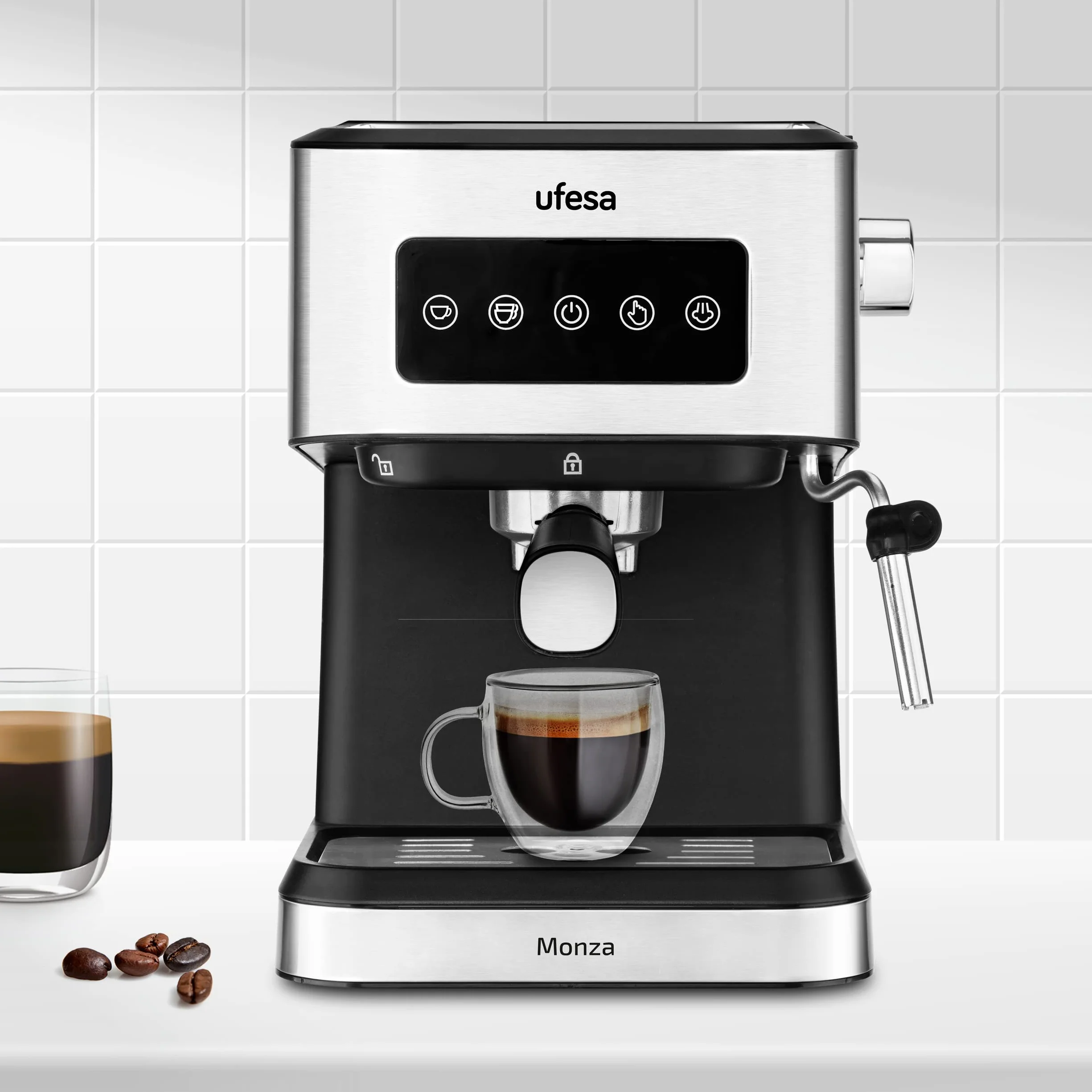 Ufesa Monza Macchina Caffè macinato e Cialde Monodose ESE, Pressione 20 BAR, Pannello Digitale Tattile, Vaporiera Regolabile, Serbatoio 1,5 L, Funzione Scaldatazze, 1050 W