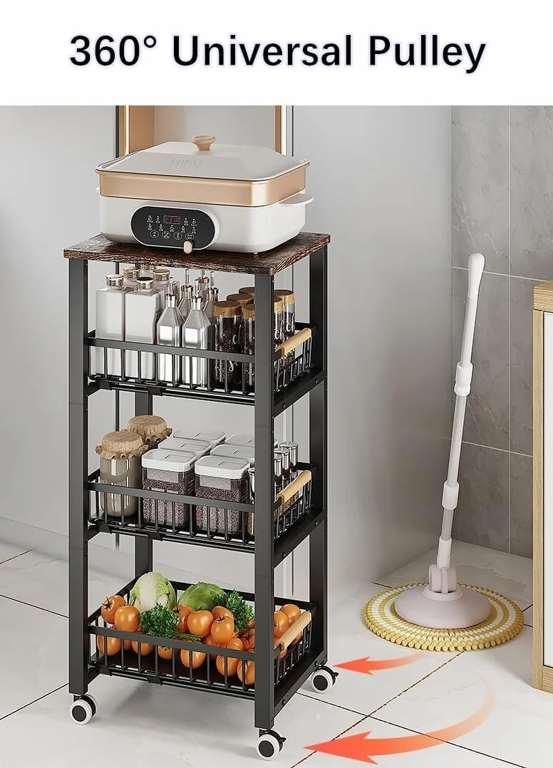 Cesti di Filo di Metallo con Ruote, Contenitore impilabile Cucina Organizzatore Scaffale, Vassoio multistrato di frutta e verdura rack indipendente con cassetto scorrevole estraibile