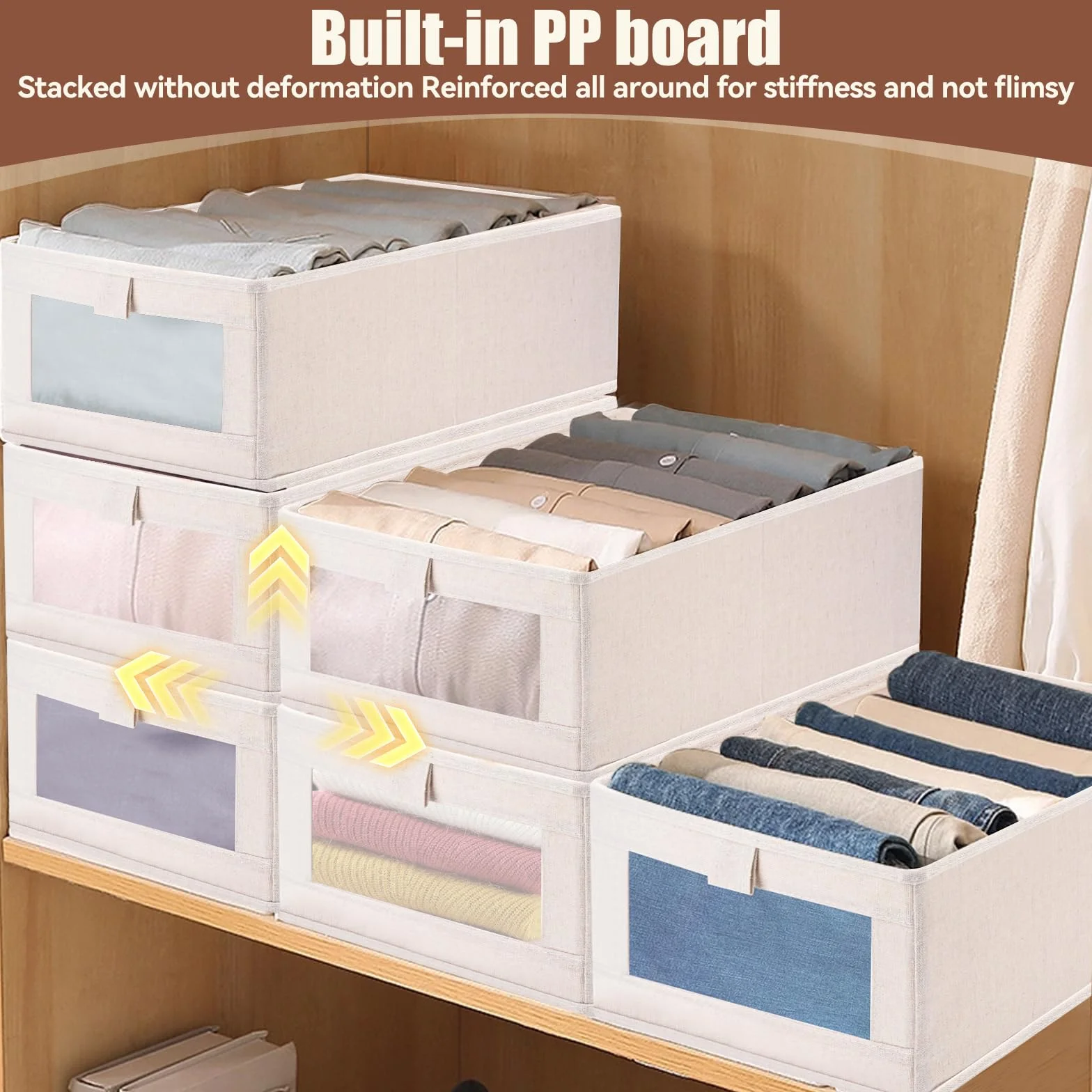 Scatole Portaoggetti Pieghevoli, Set di 3 Contenitori, Organizzatori per Armadio 40 x 27 x 17 cm, Cubo Pieghevole in Tessuto con finestra trasparente,Maniglie, per Armadio, Vestiti, Libri,Giocattoli