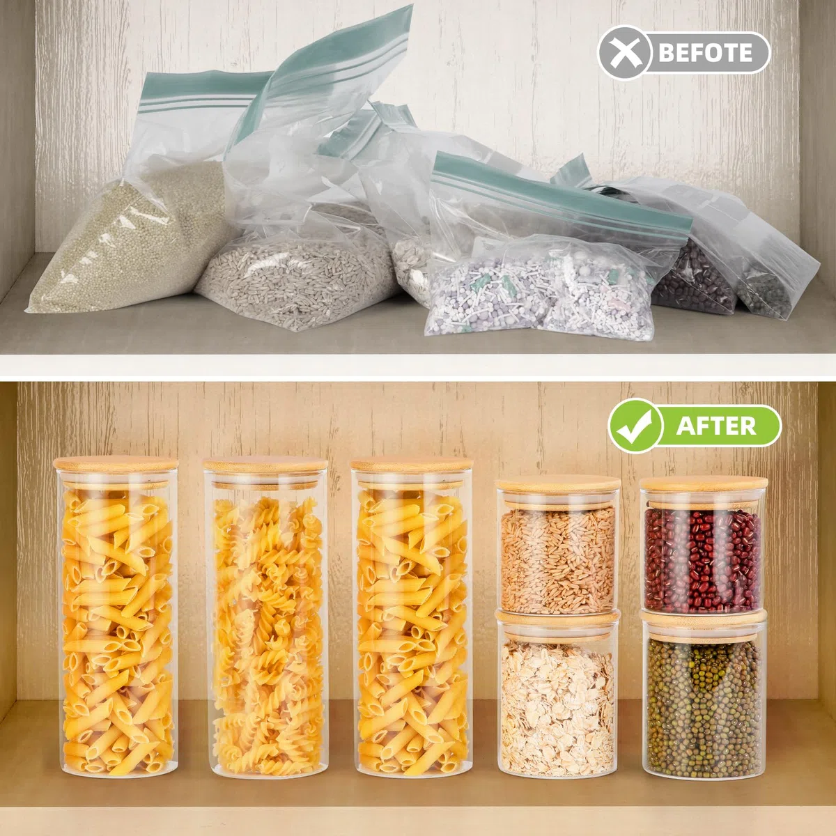 FoiiLiio Barattoli Vetro con Coperchio,Set di 9 barattoli Vetro,barattoli Ermetici con Coperchio,300ml/800ml Barattolis Cucina in Bambù,Vasetti per Cereali Pasta