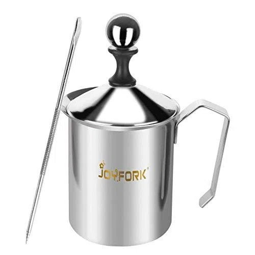 Montalatte Manuale in Acciaio Inox - Pompa a Mano per Schiuma di Latte Con Brocca e Penna per Latte Art - Per Cappuccini e Caffè 14 Once