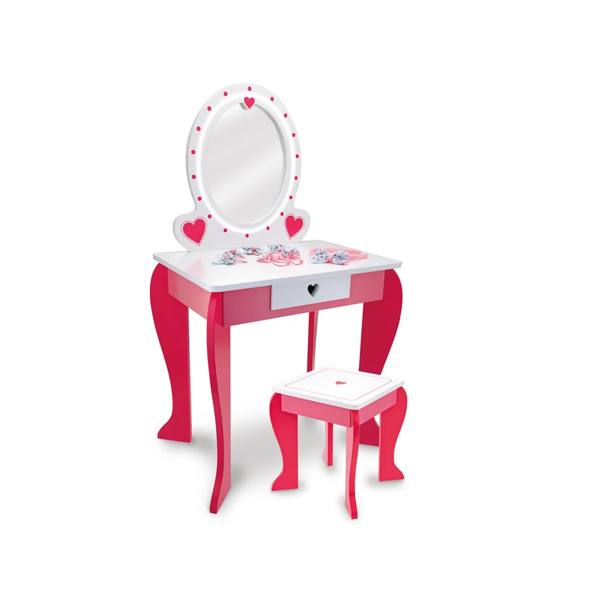 Teorema – FATTO DI LEGNO Specchiera dei Sogni in Legno Eco Alta 90 cm con Luci LED, Sgabello Incluso, Make Up Artist, Postazione Trucco Bambina Rosa e Bianco, Idea Regalo 3+ Anni