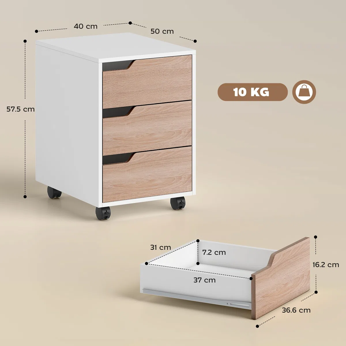 HOMCOM Cassettiera da Ufficio Portadocumenti a 3 Cassetti con Maniglie a Scomparsa, Armadietto da Ufficio a 4 Ruote in Legno e Metallo, 40x50x57.5 cm, Legno e Bianco