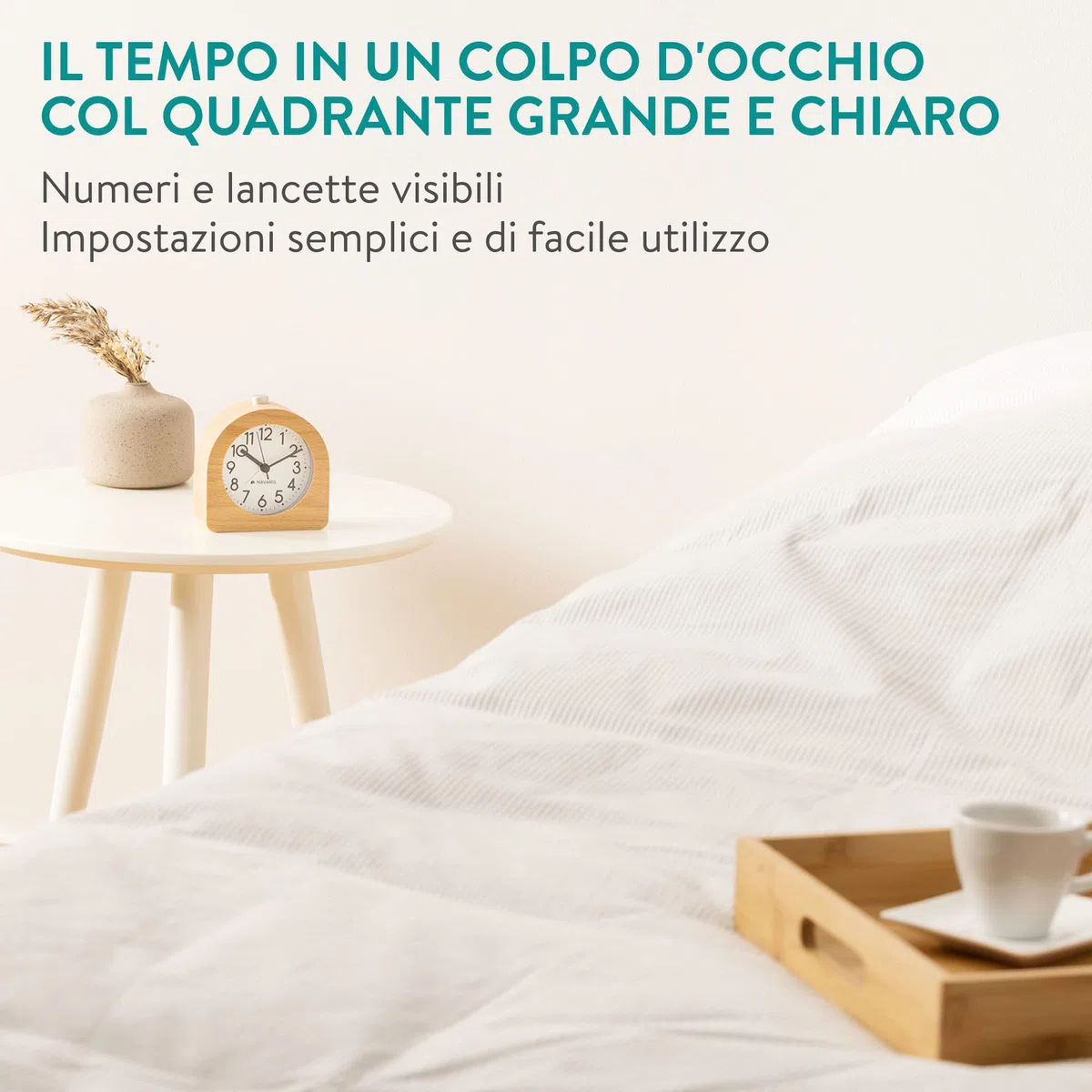 Navaris Orologio Sveglia da Comodino Analogica - Sveglia Analogica Silenziosa in Legno - Orologio da Tavolo Analogico Vintage - Sveglietta Comodino Meccanica con Funzione Snooze - Marrone Chiaro