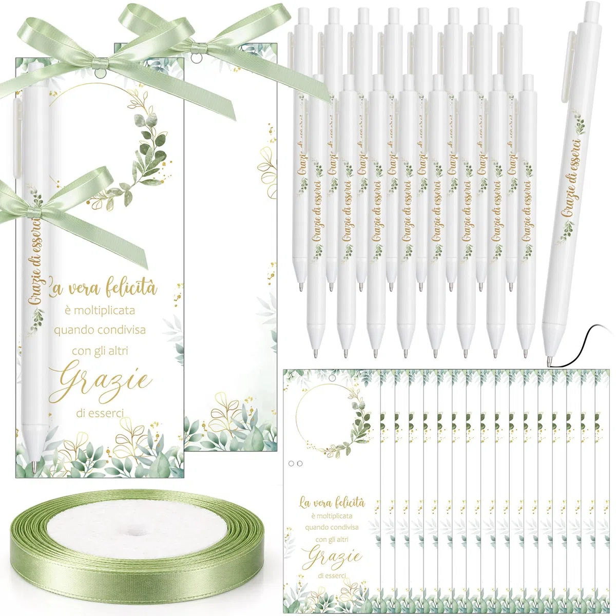 Nezyo 50 Pezzi Bomboniere Segnaposto con Penna e Nastro Segnaposto per Comunione Matrimonio Battesimo Cresima Compleanno Grazie Regalo per gli Ospiti Decoración da Tavola(Verde salvia)