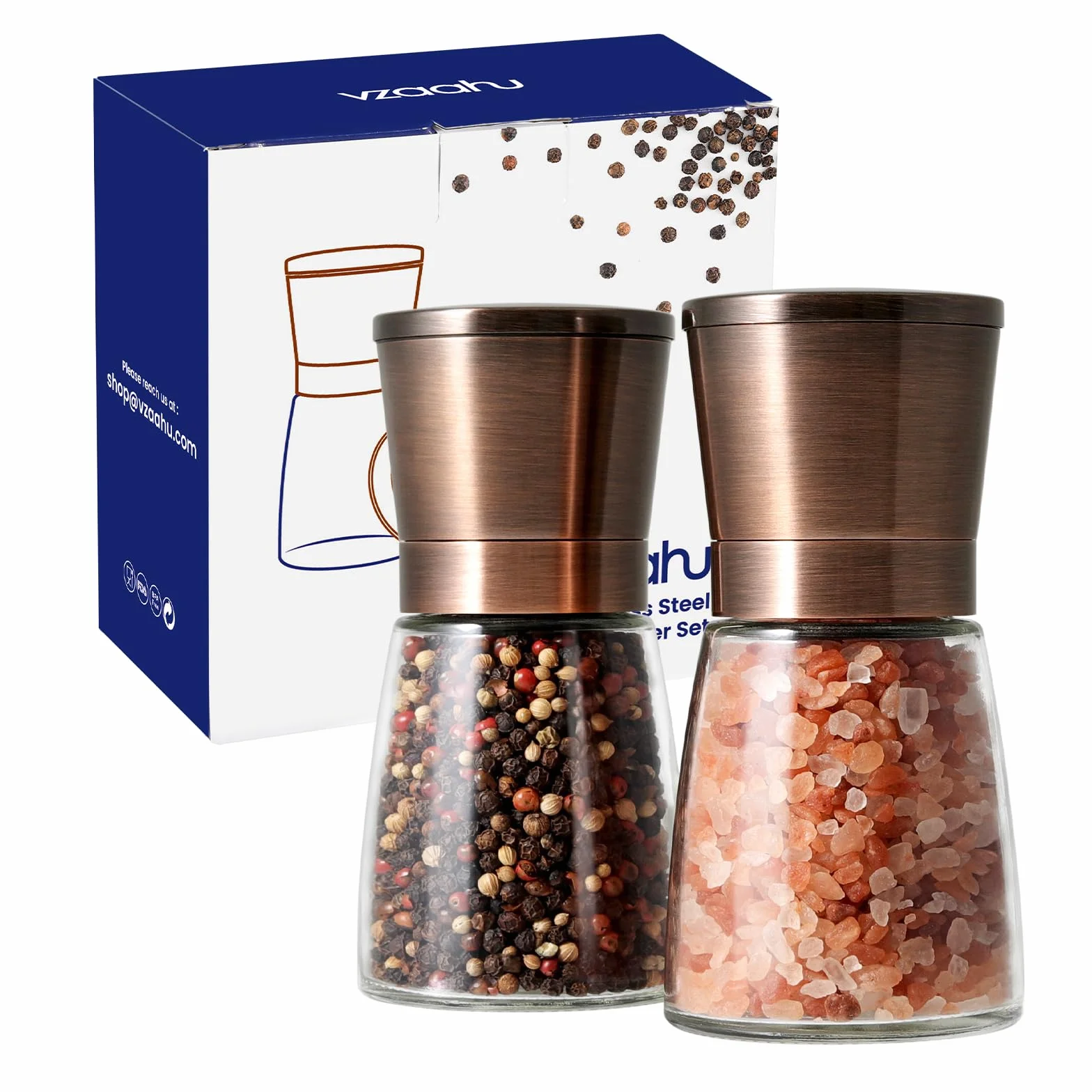 Vzaahu Macina Sale e Pepe 2 Set,con Nucleo di Ceramica Cannella,Ruvidità Regolabile,Colore Rame,per Casa Ristorante