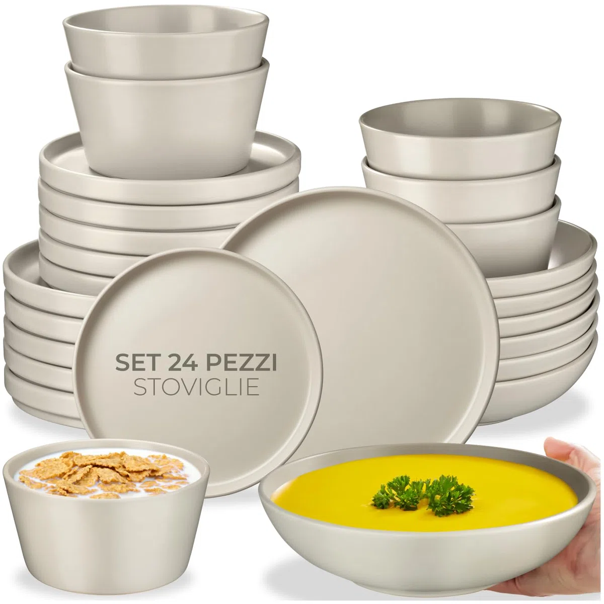 tectake® Set stoviglie 24 pezzi terracotta, servizio piatti 6 persone, set piatti moderni grandi, piccoli, fondi, ciotole, gres smaltato, design moderno, adatto lavastoviglie microonde - Tortora