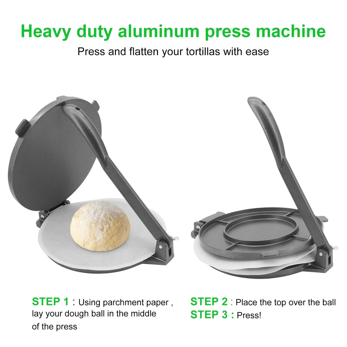 Tortillas Pressa,20 cm Chapati Maker con 100 Fogli di Carta da Forno Antiaderente Oleata per Realizzare Tortilla, Chapati, Roti