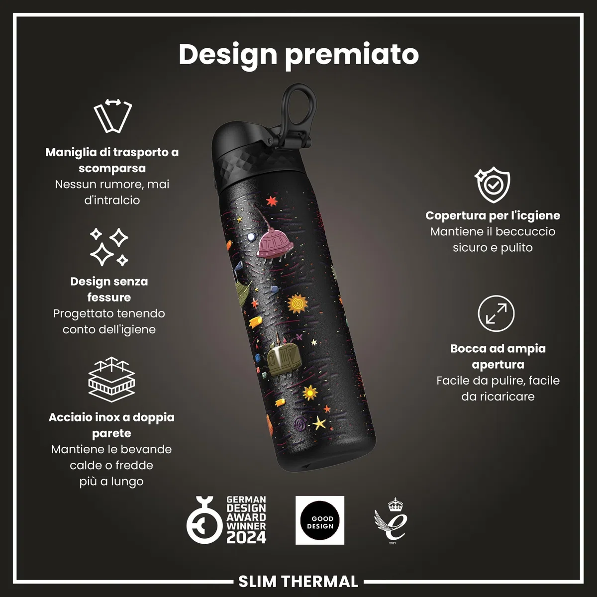 Ion8 Borraccia Termica in Acciaio Isolato, 500ml, a Prova di Perdite, Facile da Aprire, Serratura Sicura, Lavabile in Lavastoviglie, Maniglia per il Trasporto, Facile Pulizia, Durevole,Astronavi