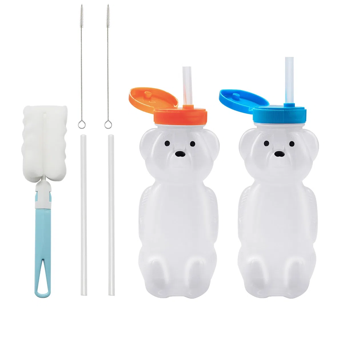 Confezione da 2 bicchieri con cannuccia a forma di orso, spremibili, riutilizzabili, per uso alimentare e senza BPA, contenitori per bevande terapeutiche e bisogni speciali, con 2 cannucce e