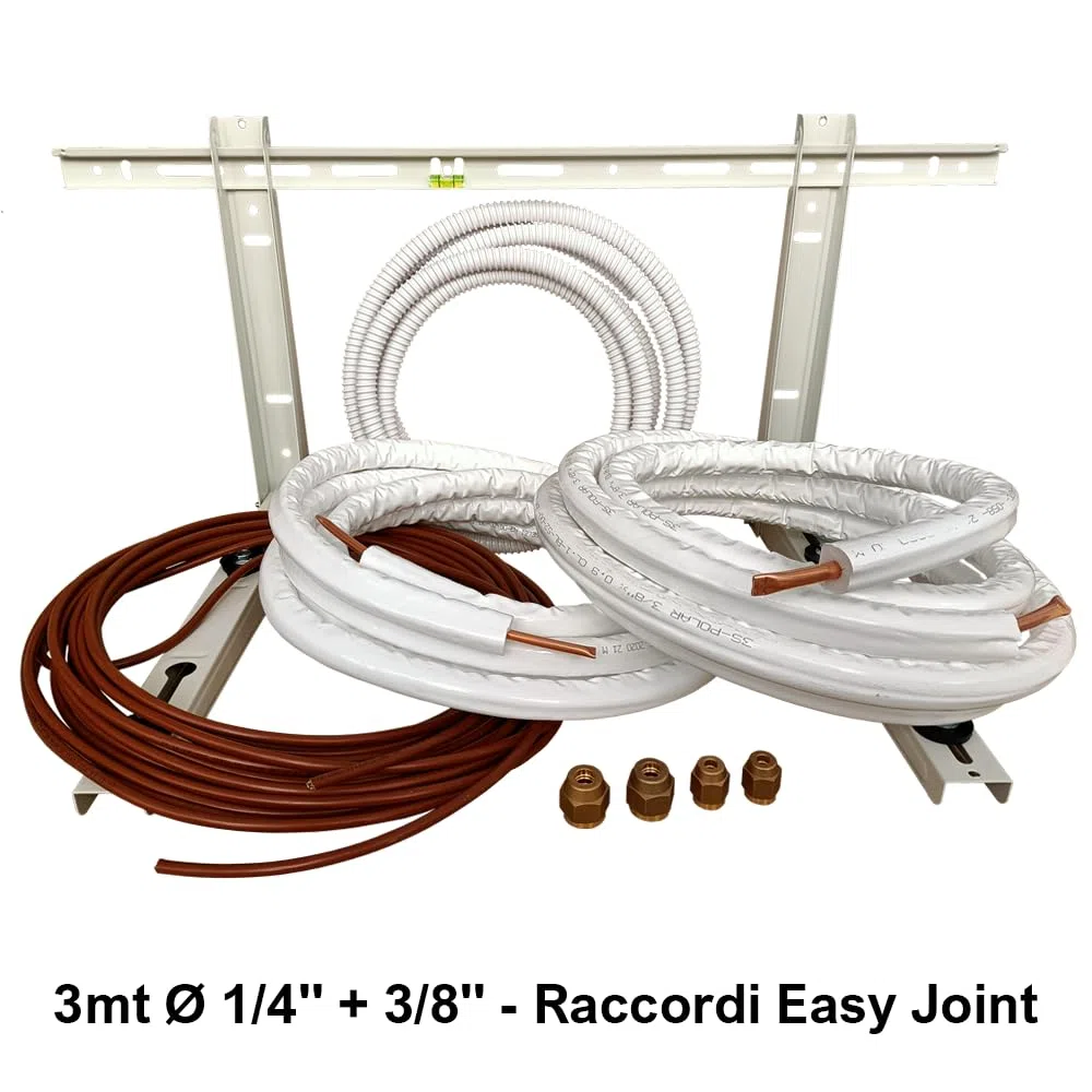 3S SuperSamaStore Kit Installazione Climatizzatore Monosplit 3 Metri, Set con Tubo Rame Preisolato 1/4" e 3/8", Staffa Esterna, Raccordi Autocartellanti e Cavo Condensa