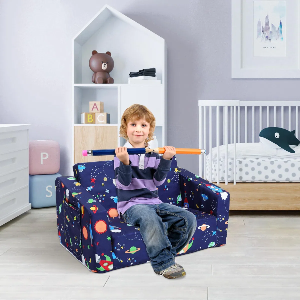 decalsweet Divano Letto per Bambini 2-in-1 Pieghevole Schienale Poltrona, Comoda Stabile Divano Bambini con Tasca in Stoffa, Divano Pieghevole Leggero Apribile per Camera da Letto, Soggiorno, Razzo