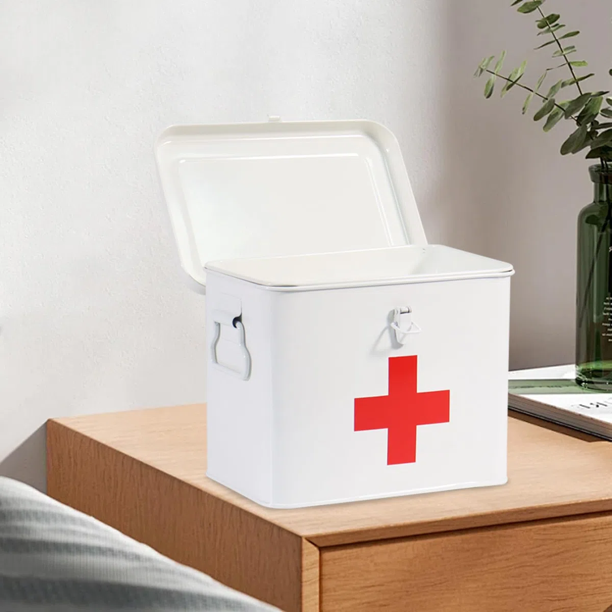 Porta Medicine, Contenitore Per Medicine Domestiche, Organizer Medicinali 2 Strati in Metallo, Cassetta Pronto Soccorso, Adatto allo Stoccaggio di Prodotti Farmaceutici 20.5 x 13.5 x 16.5 Cm - Bianco