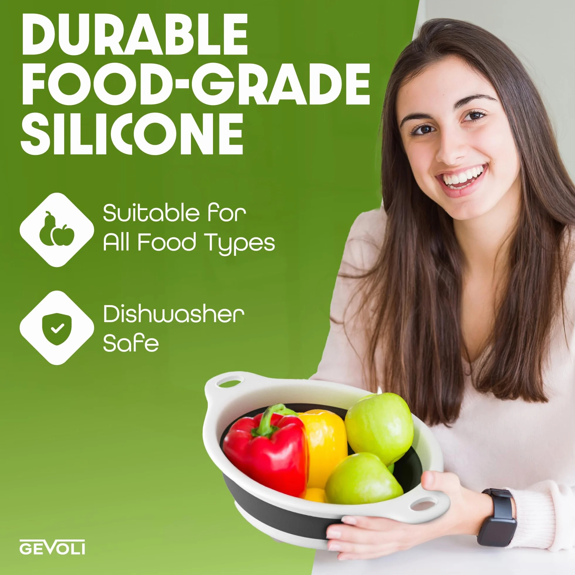 Set di 2 colini pieghevoli con base di drenaggio dell'acqua per pasta, frutta e verdura (4 e 5 quarti), colore: bianco e grigio