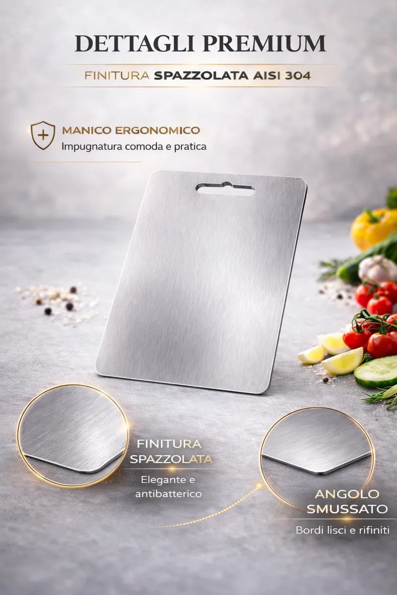 Tagliere in Acciaio Inox Alimentare 304 Per Cucina, Tagliere acciaio inox Certificato Igienico e Antibatterico, Superficie Alimentare Facile da Pulire, Resistente e Antiodore, 23X34