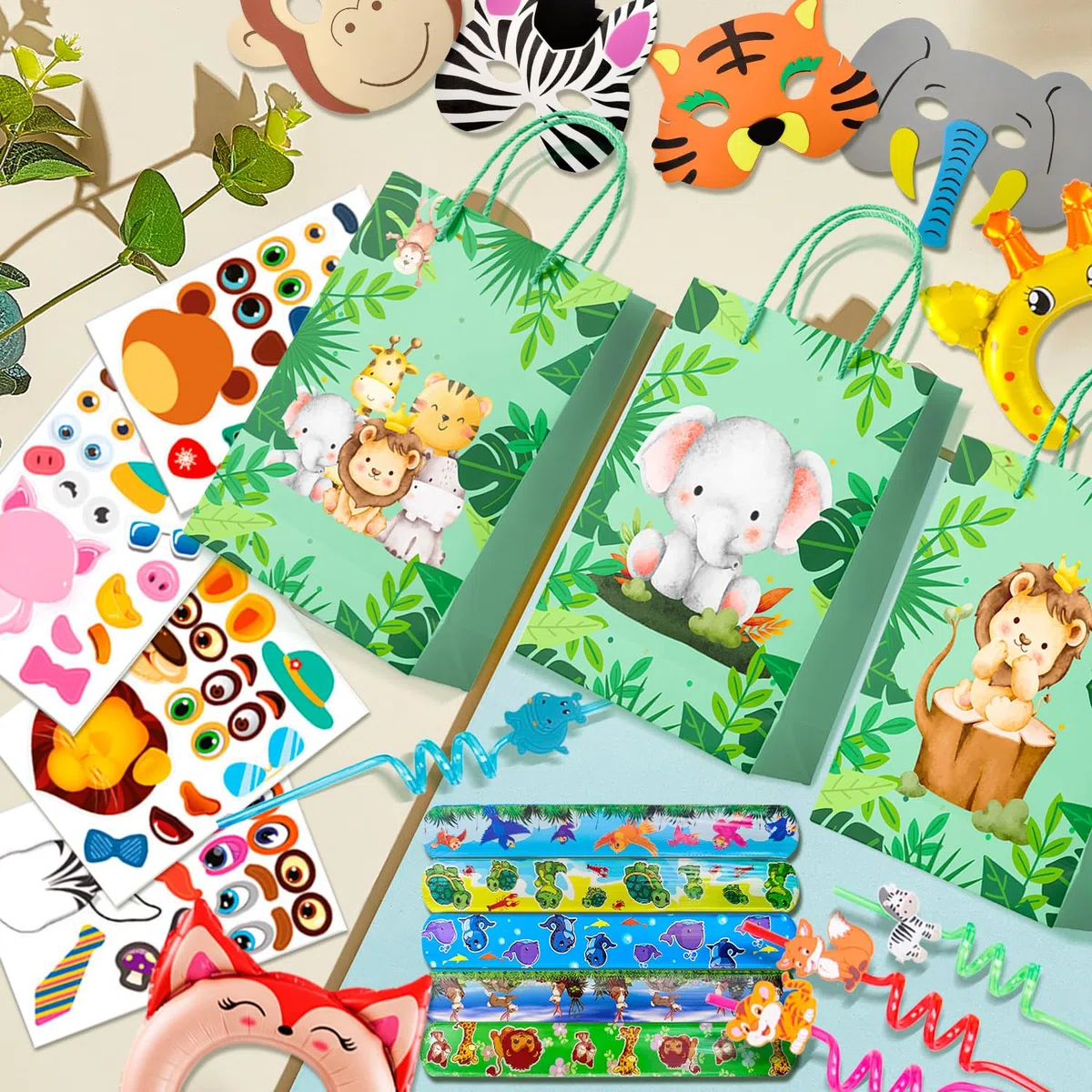 Regali di Animali della Giungla, 60 Pcs Set Bomboniere Safari - Sacchetti Animali Slap Bracelets Maschere Fasce per Capelli Gonfiabili Cannucce a Spirale Giungla Party Regalo per Bambino