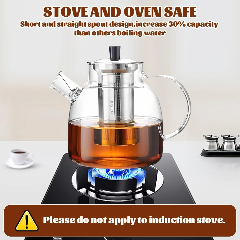 Teiera in vetro da 1,8 litri con fornello, teiera in vetro con colino, teiera con colino per tè sfuso, senza BPA, microonde e lavabile in lavastoviglie