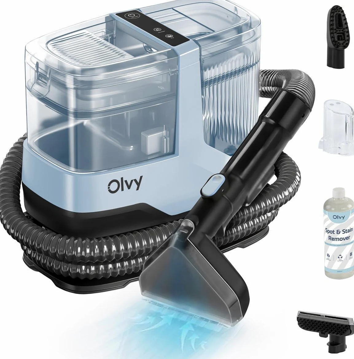 Olvy Pulitore Tappeti 2.0 – Potente Rimuovi Macchie 17.000 PA con Tubo 1,6m, Cavo 4m, Funzione Autopulente & 500ml Soluzione Pulente – Tappeto, Divano, Materasso & Auto