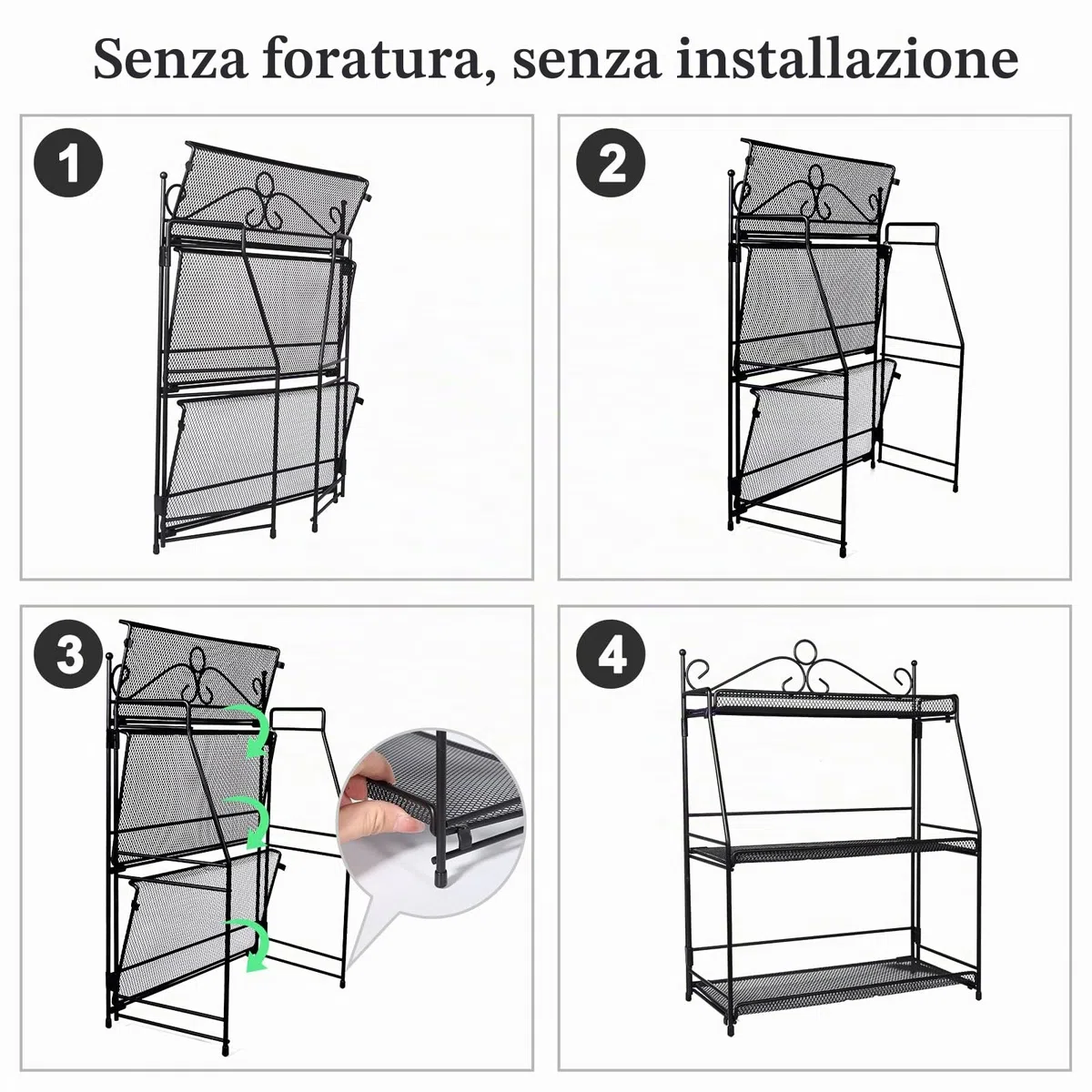 Uten Portaspezie a 3 Ripiani, Porta Spezie da Cucina, Portaspezie Salvaspazio, Supporto Porta Spezie, Pieghevole, Organizer per Cucina, Bagno e Camera da Letto