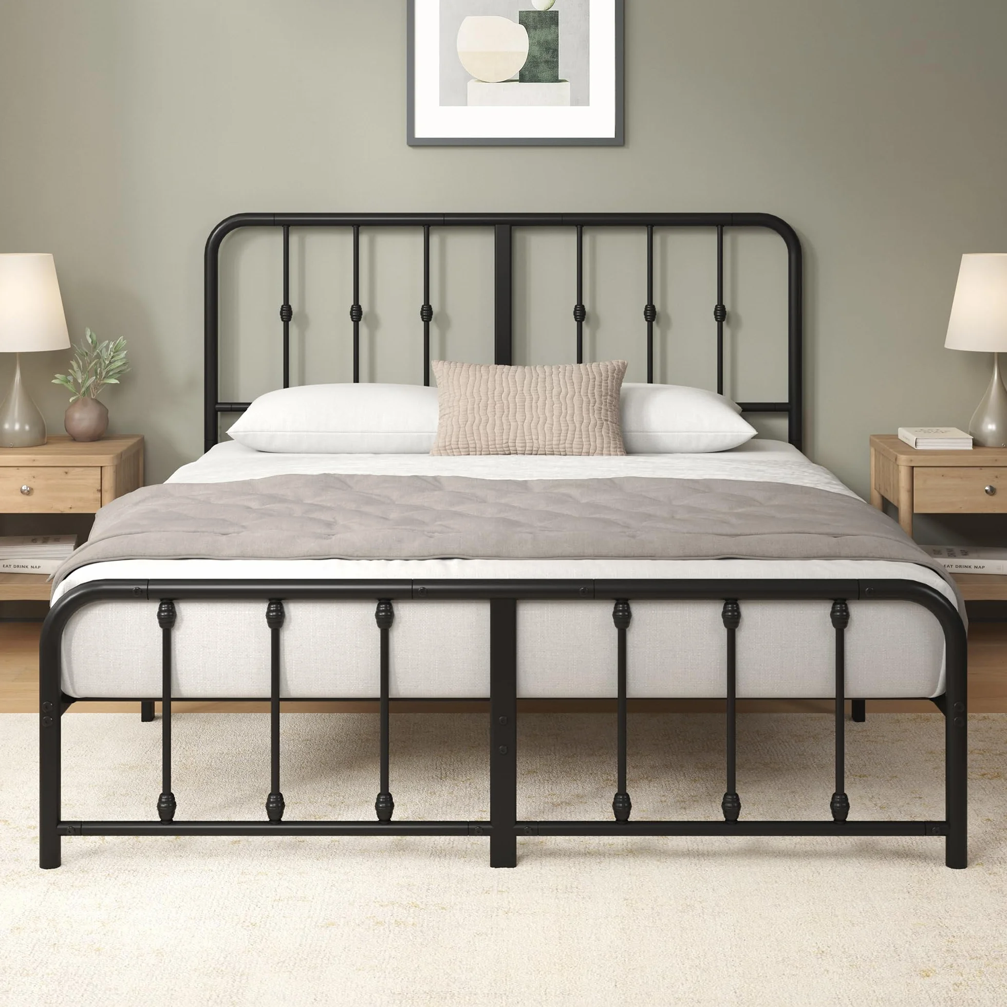 Zinus Florence Rete Matrimoniale 160x190 cm con Testiera in Metallo - Struttura Letto con Doghe Incluse - Altezza 35 cm con Spazio Sottostante - Facile da Montare - Nero