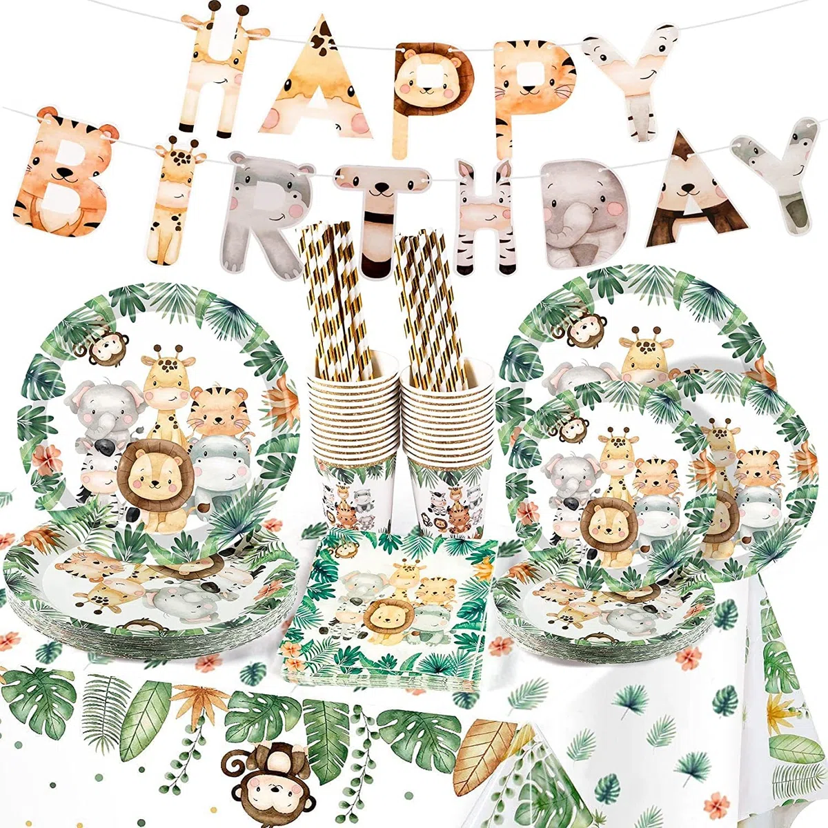Yosemy Giungla Safari Set di Stoviglie di Carta Usa e Getta per 25 Ospiti - 127 Pezzi Con Piatti, Tovaglioli, Cannucce per Wild One Decorazione di Compleanno Verde