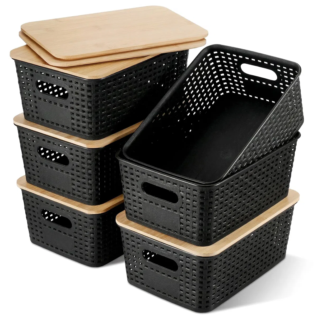 6 Pezzi Scatole Plastica con Coperchio Bambù, Organizer Cucina e Bagno, Impilabile Salvaspazio Cestino Vimini Contenitore Plastica con Bambù Coperchio per Armadio, Ufficio,Camera (Nero)