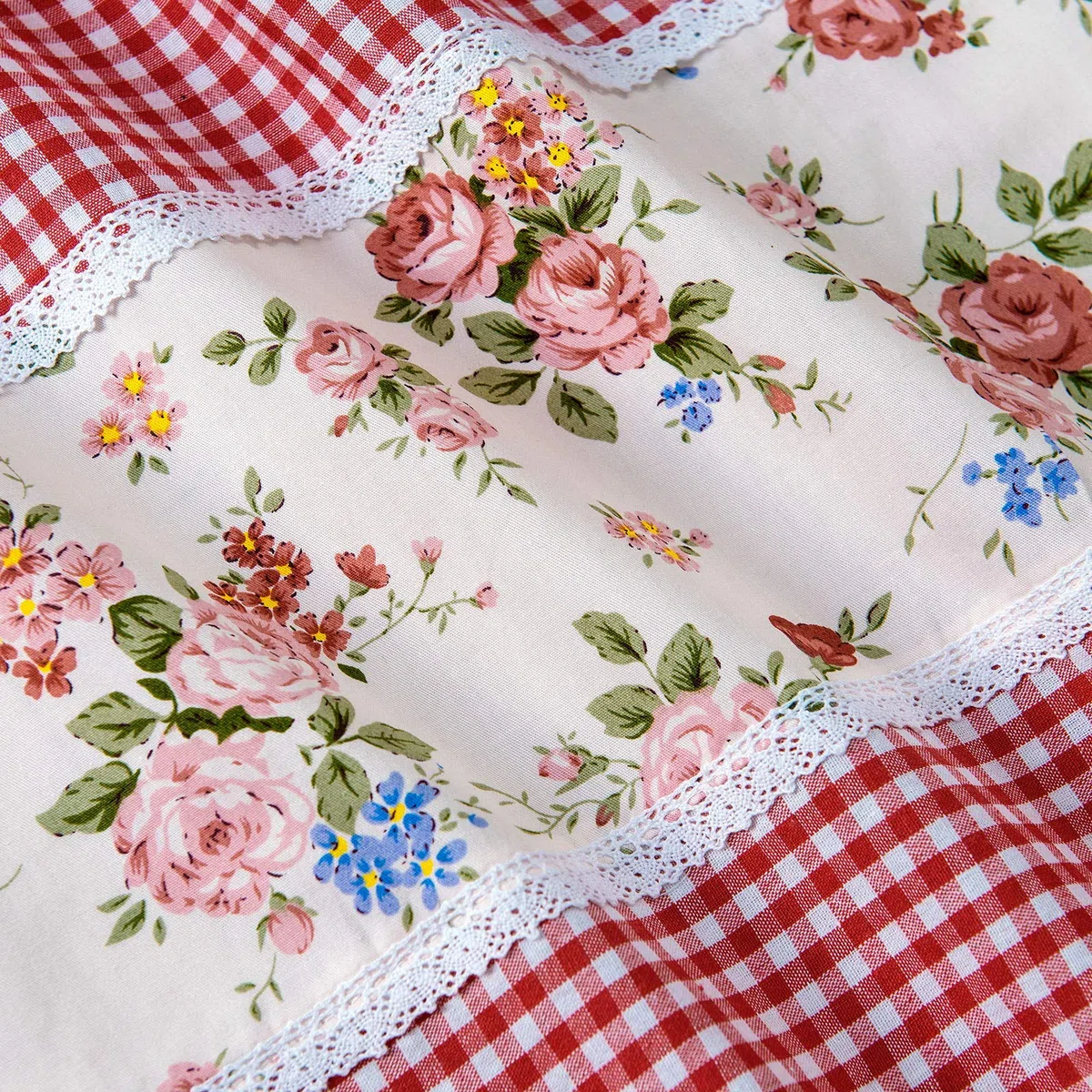 Dreamskull - Tendina da cucina, stile rustico, corta, opaca, con asta, con fiori, pizzo e quadretti, larghezza 150 cm