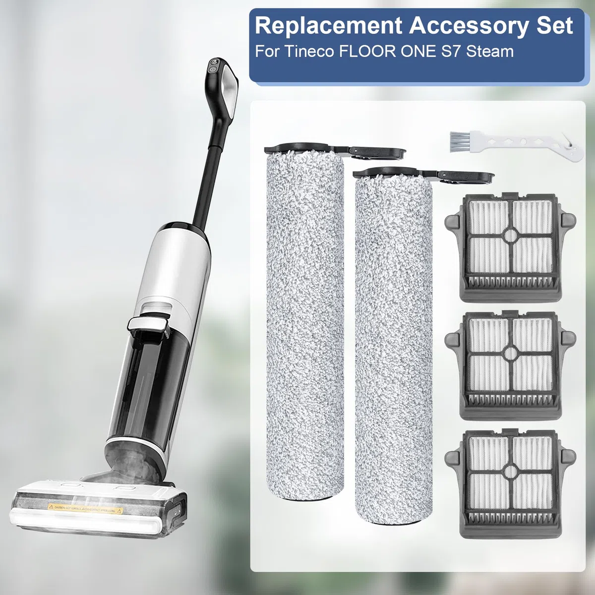 Spazzole a Rullo e Filtro HEPA Ricambi per Accessori per Tineco FLOOR ONE S7 Steam Aspirapolvere Accessori, 2 Spazzole a Rullo, 3 Filtro HEPA, 1 Spazzola per la Pulizia
