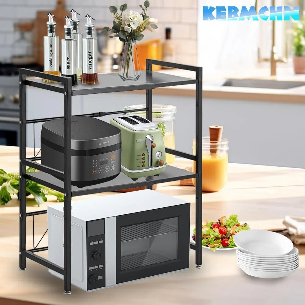 Scaffale a microonde a 2 livelli, larghezza regolabile, supporto per riporre il tostapane, scaffale cucina, allungabile da 40 a 63 cm, capacità di carico 75 kg (nero)