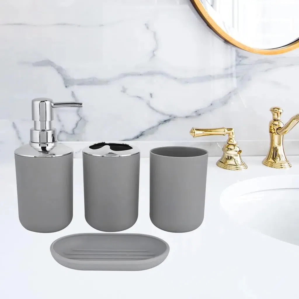 Set Bagno Accessori Completo 4 pezzi di accessori da bagno in plastica ABS Set portaspazzolino portasapone decorazione bancone for la casa hotel(Brown)