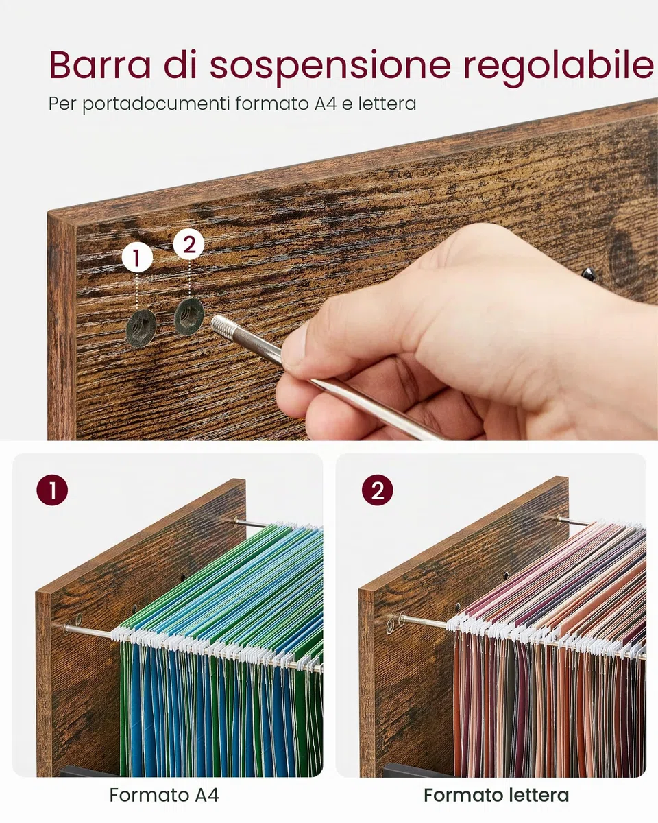 VASAGLE Schedario con 2 Cassetti, Mobile per Ufficio con Ruote, Ripiano Aperto, Struttura in Acciaio, Stile Industriale, Marrone Vintage e Nero Inchiostro OFC71X