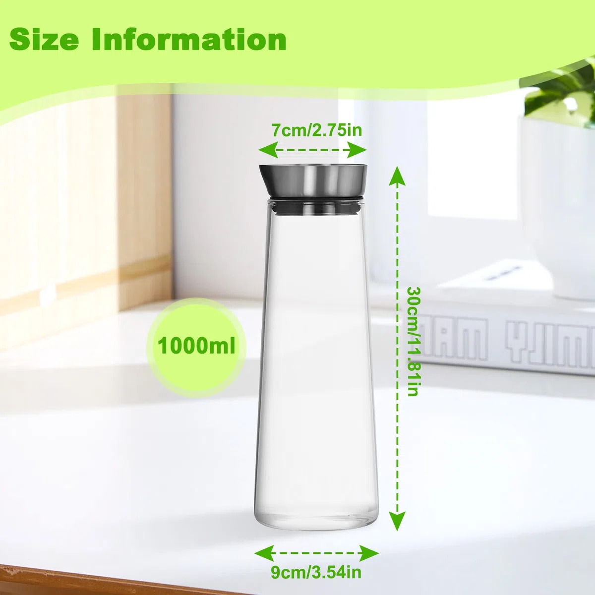 1L Caraffa Vetro con Versatore e Coperchio Acciaio Inox, Bottiglie Borosilicato Resistente, Bottiglia Succo Refrigerante, Brocca Acqua per Latte, Bevande, Ghiacciate, Limonata, Succo Frutta