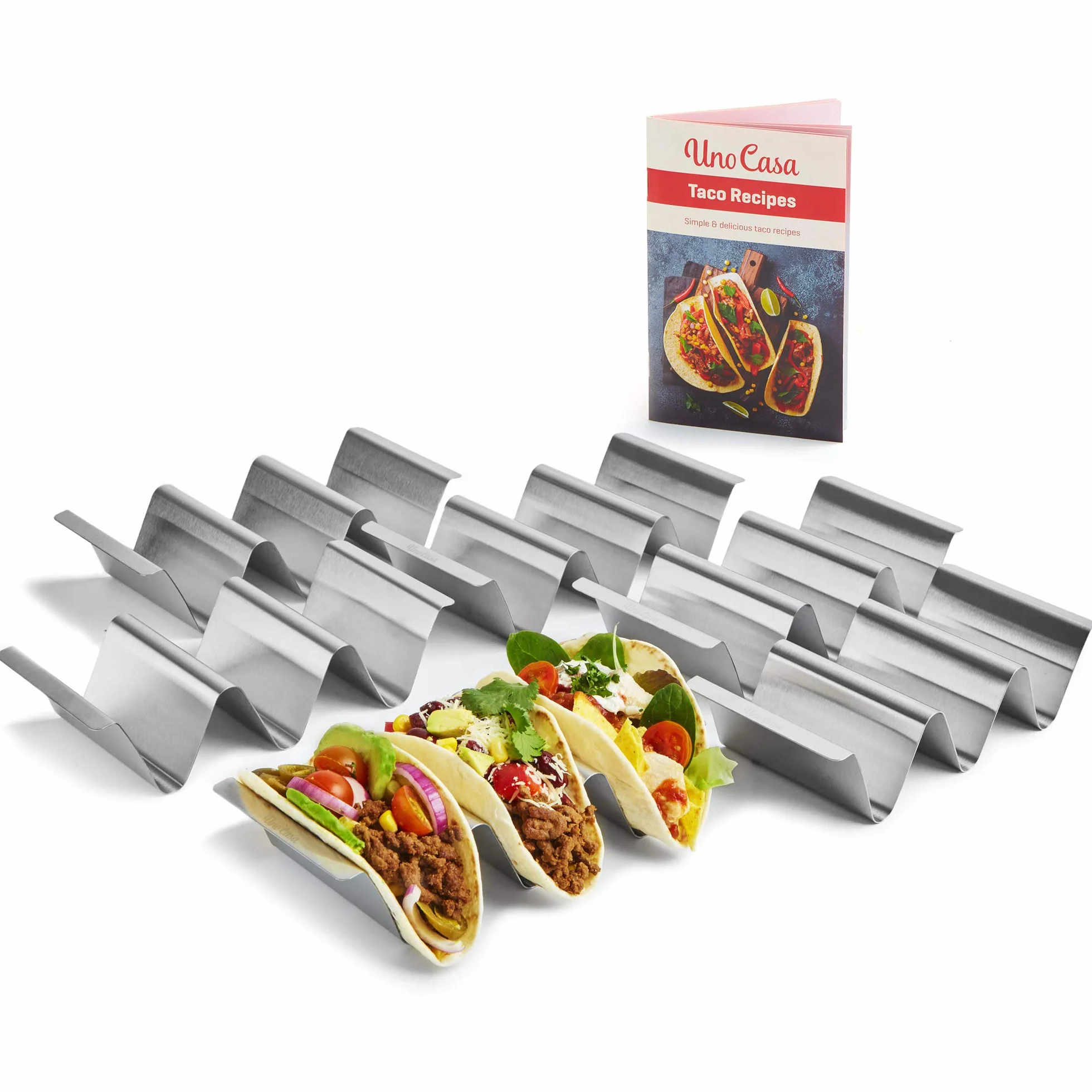 Uno Casa, set di porta tacos da 6 pezzi, porta tacos in metallo, supporto per tacos durevole per il Taco Tuesday o utilizzabile come stampino per realizzare i gusci dei tacos, Ebook con ricette