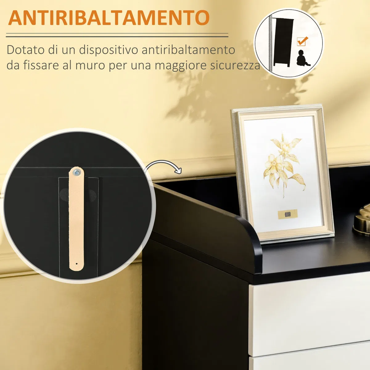 HOMCOM Mobiletto con Cassetto di Legno, con Ripiano Regolabile, Mobiletto da Cucina Salvaspazio, Soggiorno e Anticamera, in Legno MDF, 60x40x90cm, Bianco e Nero