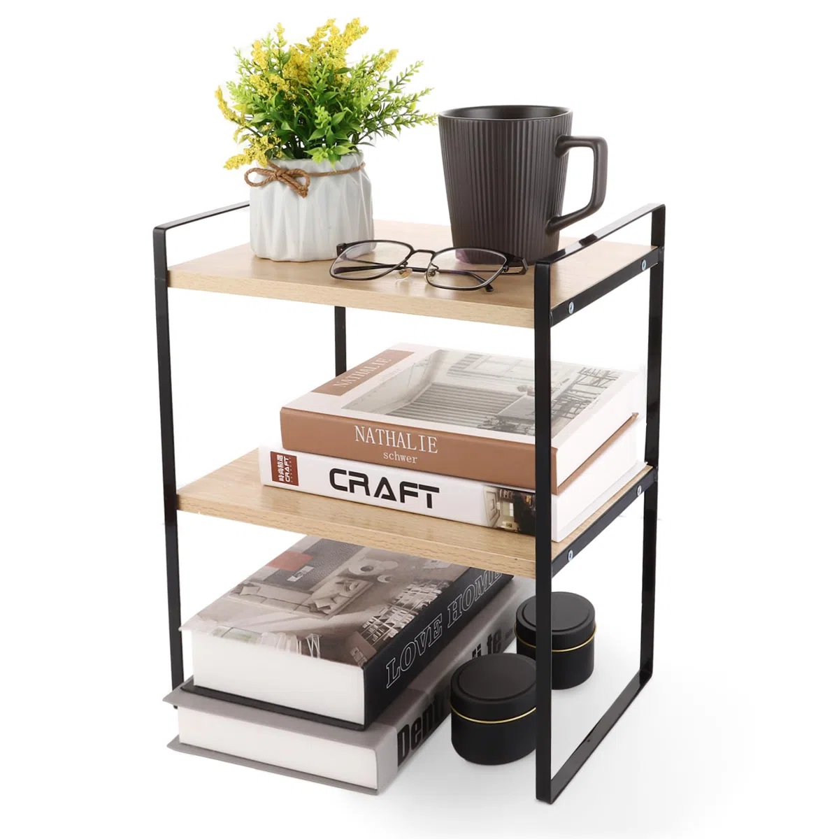 Mensola da scrivania, ripiano da cucina, mini scaffale in legno a 2 livelli, per scrivania, comò e cucina, piano di lavoro (nero + legno)
