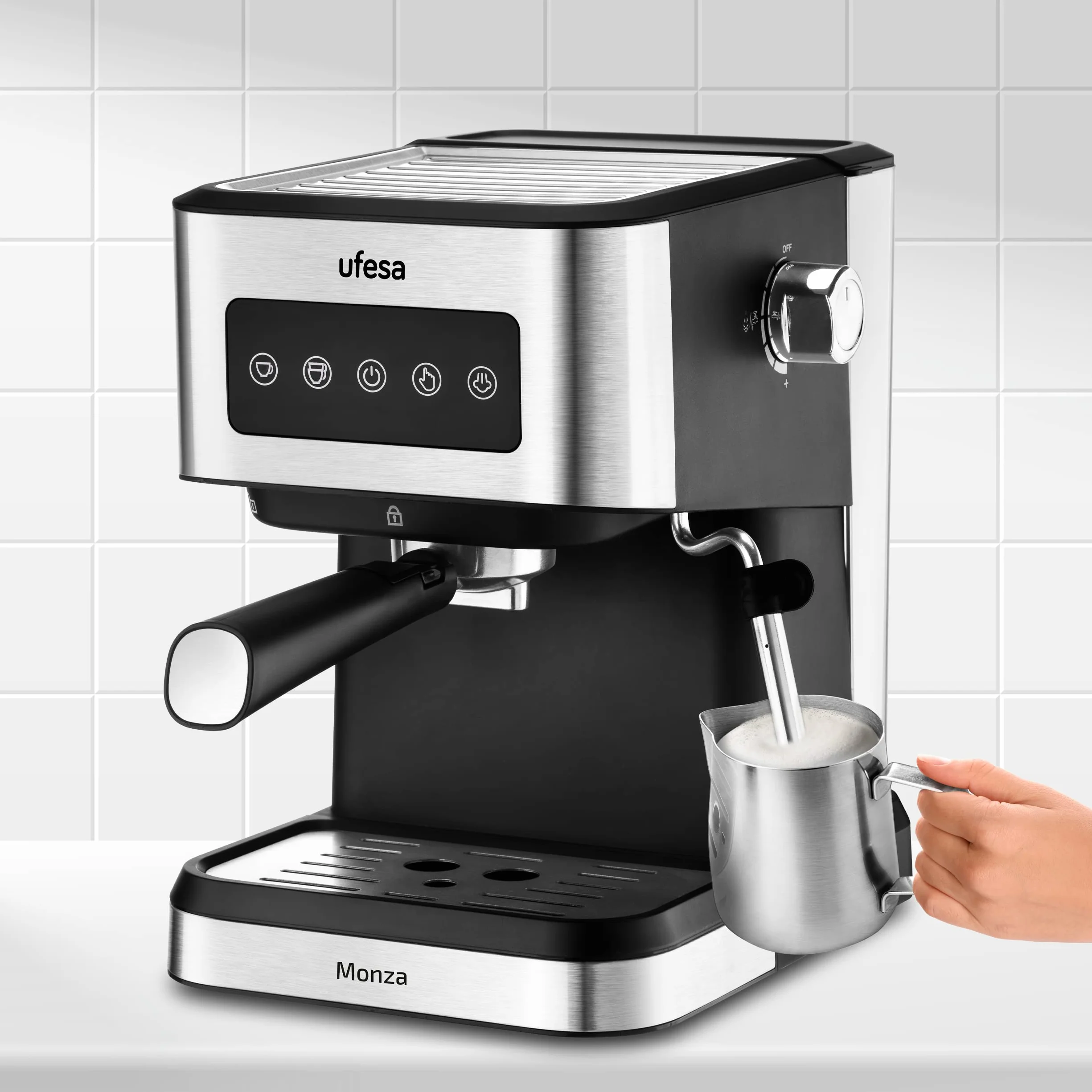 Ufesa Monza Macchina Caffè macinato e Cialde Monodose ESE, Pressione 20 BAR, Pannello Digitale Tattile, Vaporiera Regolabile, Serbatoio 1,5 L, Funzione Scaldatazze, 1050 W