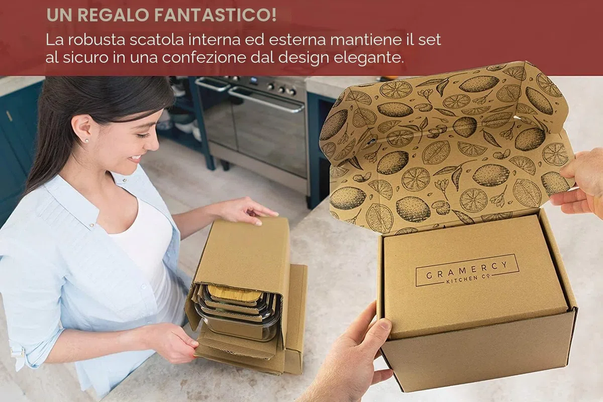 Gramercy Contenitore in Vetro per Alimenti 4x con Coperchio Bambù - Senza BPA, Anti-Perdite