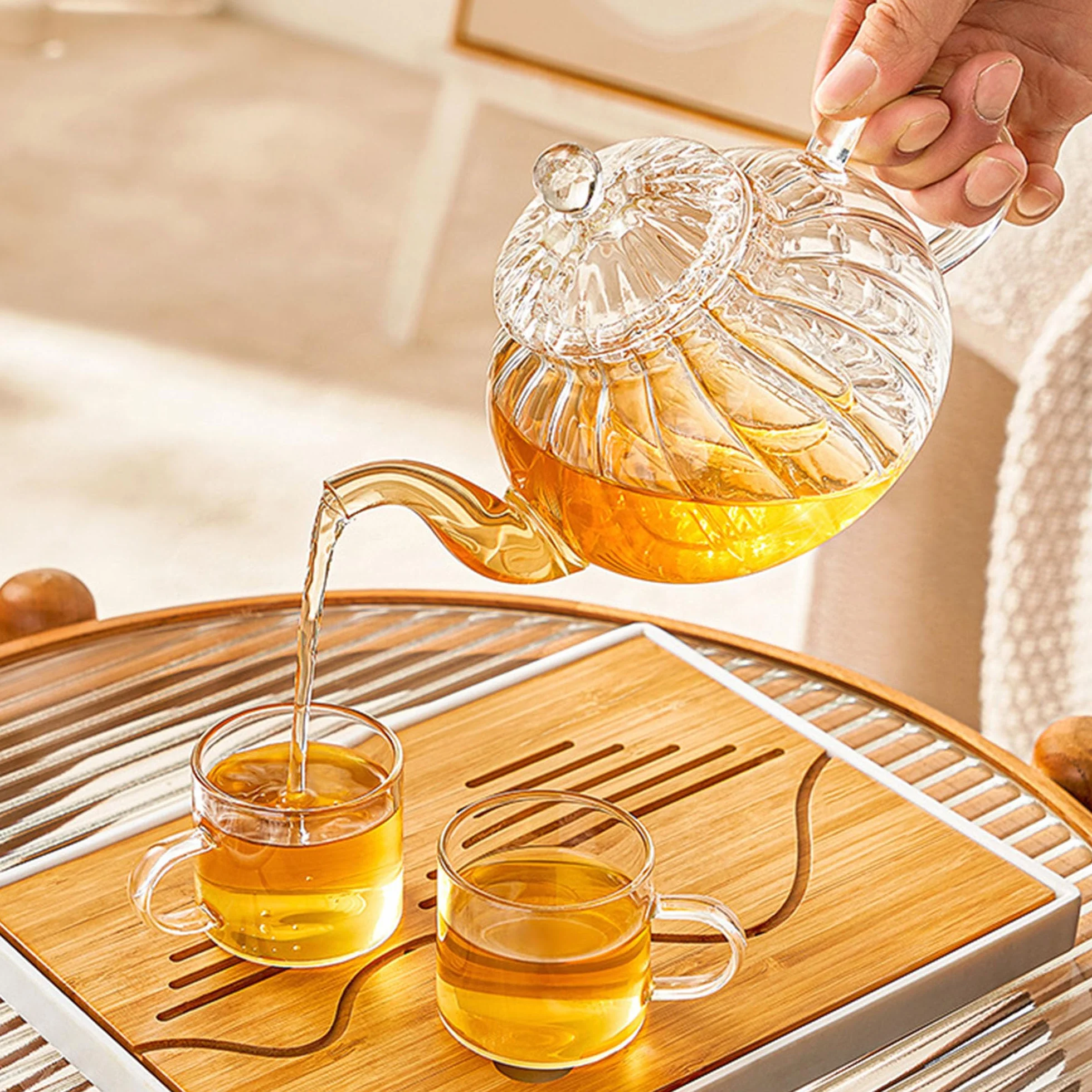 YUEMING Teiera in vetro a righe a forma di zucca, set da tè con filtro da 600 ml