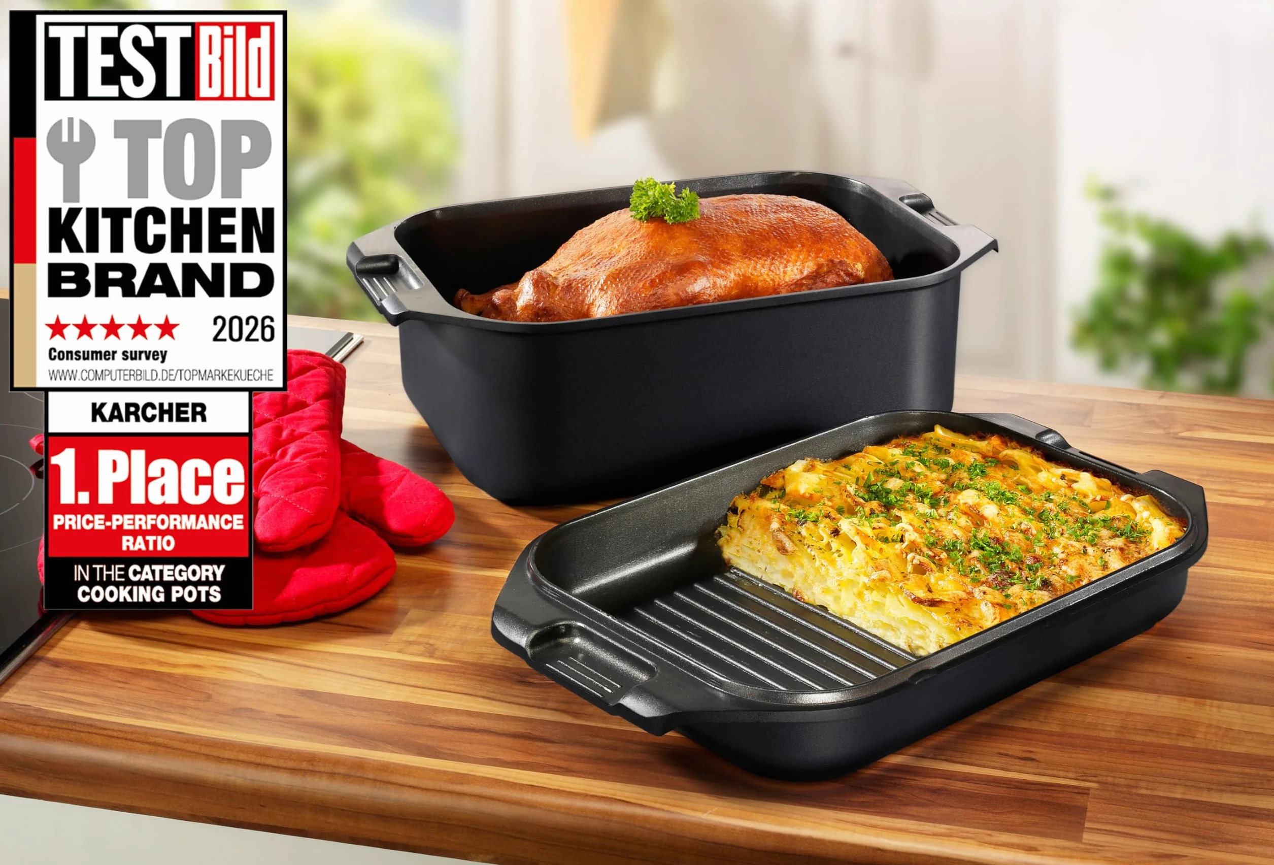Karcher 121749 Rostiera in alluminio pressofuso 2in1 (8,7 litri, incl. coperchio e guanti da cucina, 41,5 x 25,5 cm) nera