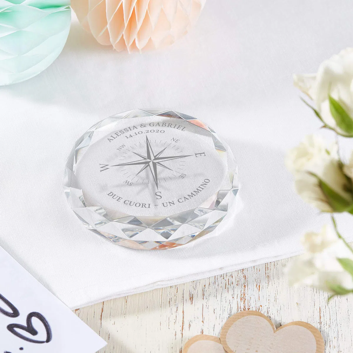 Casa Vivente Cristallo in Vetro con Incisione Personalizzata con Nomi e Data, Bussola, Accessori Decorativi Casa e Ufficio per Coppie, Idee Regalo Nozze Originali