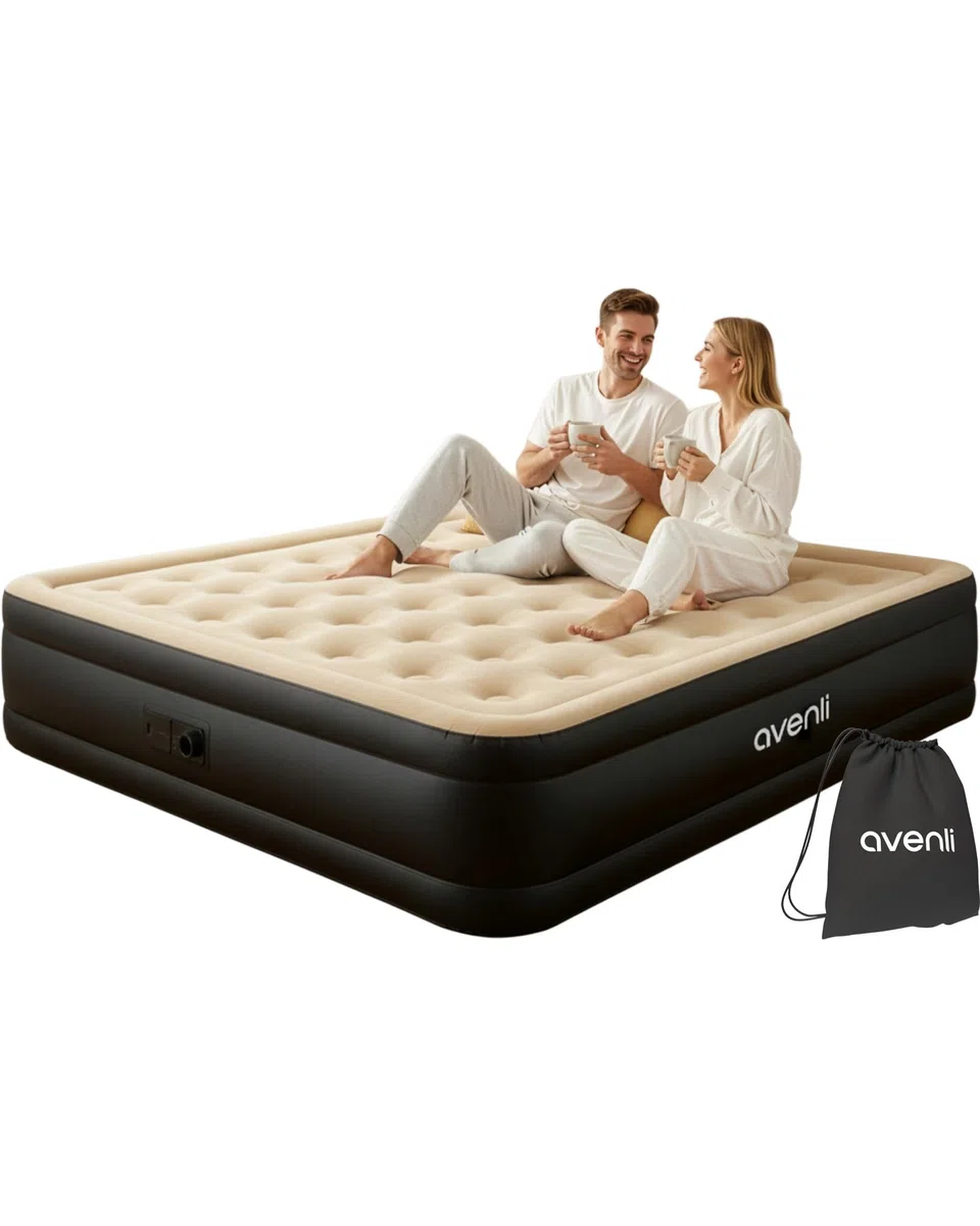 AVENLI Materasso Gonfiabile Matrimoniale 203x157x47 cm, Letto Gonfiabile Autogonfiabile 2 Persone con Pompa Elettrica Integrata, Materasso per Campeggio e Letto Ospiti, Coil-Beam, beige