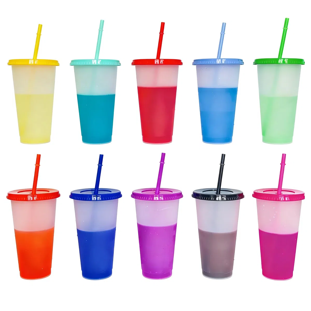 10 bicchieri che cambiano colore, 710 ml, con coperchio, in plastica colorata riutilizzabile, con coperchio e cannuccia, per caffè, bevande fredde, campeggio, infrangibili