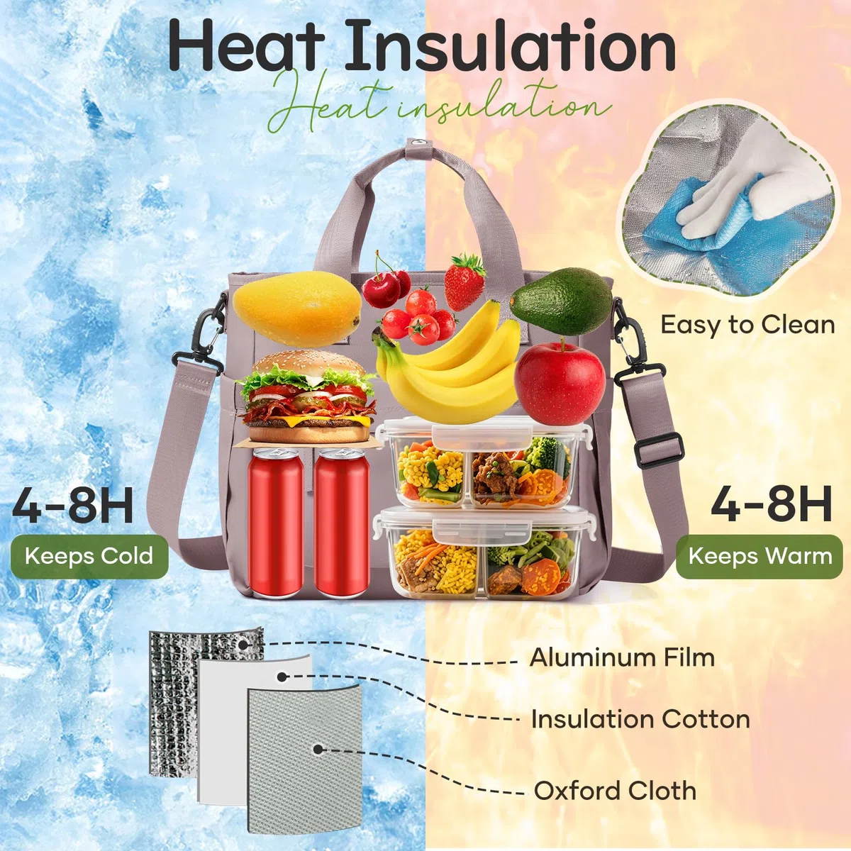 HPLQQ Borsa Termica Porta Pranzo, Borsa Frigo Pranzo per Alimenti Mantenere Caldo o Freddo Lunch Bag per Donna Ufficio, Viaggio, Picnic, Campeggio,A2-Rosa Viola