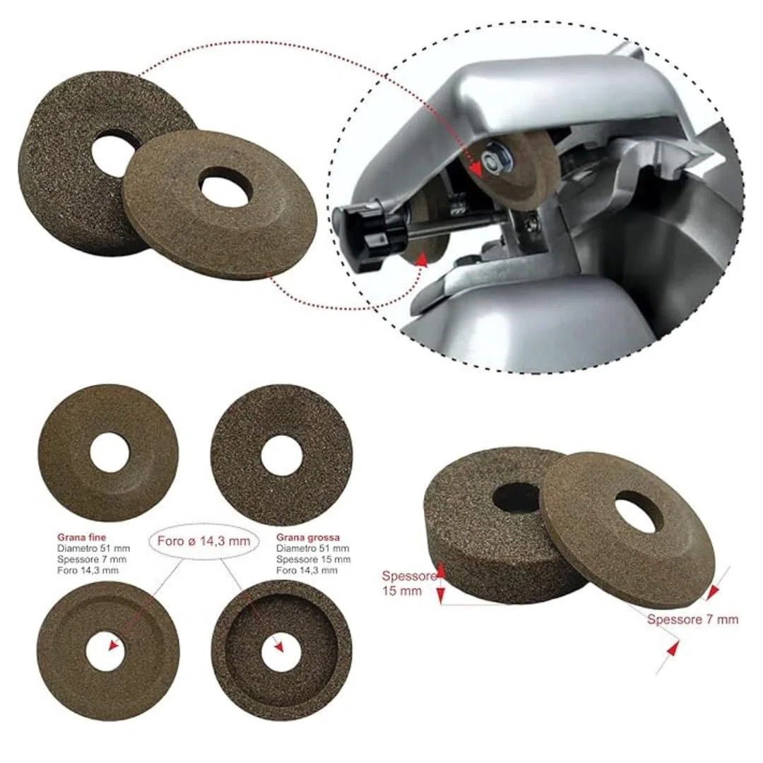 Coppia smerigli per affettatrice Ø51 mm – tazza grana grossa h15 mm + gradino grana fine h7 mm – foro 14,3 mm