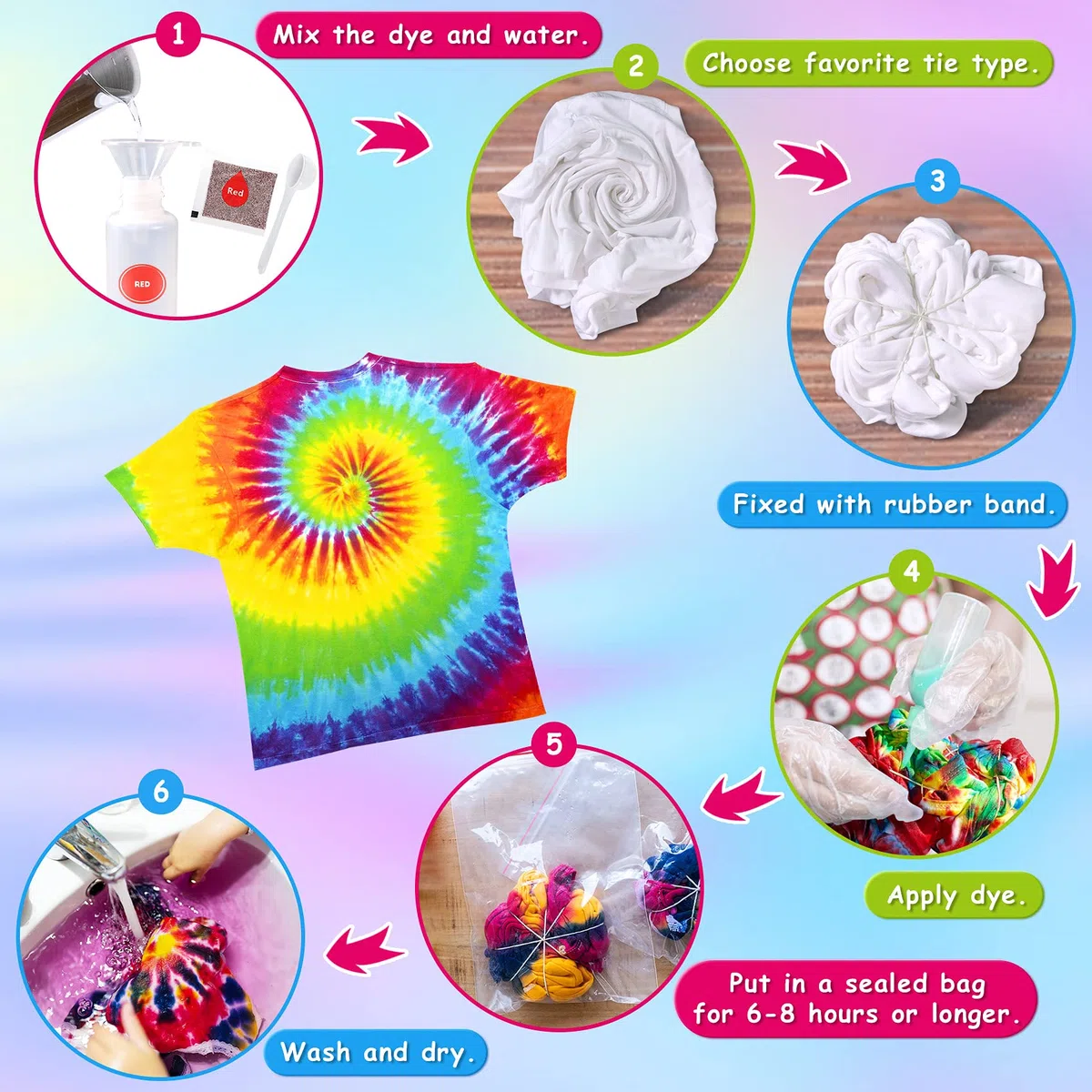 Tie Dye Kit, 20 Colori Set di Vernici per Tessuti con T-Shirt, Arte Creativa e Attività Artigianale Tie Dye Set per bambini e Adulti