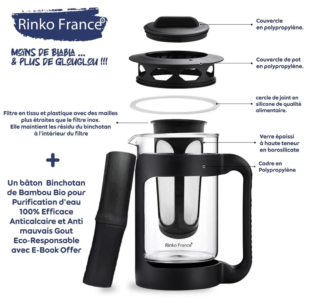 Confezione Caraffa d'acqua filtrante da 1,5 litri con un binchotan di bambù naturale Offert| carbone attivo 100% Bio Purificazione naturale dell'acqua Potabile del rubinetto