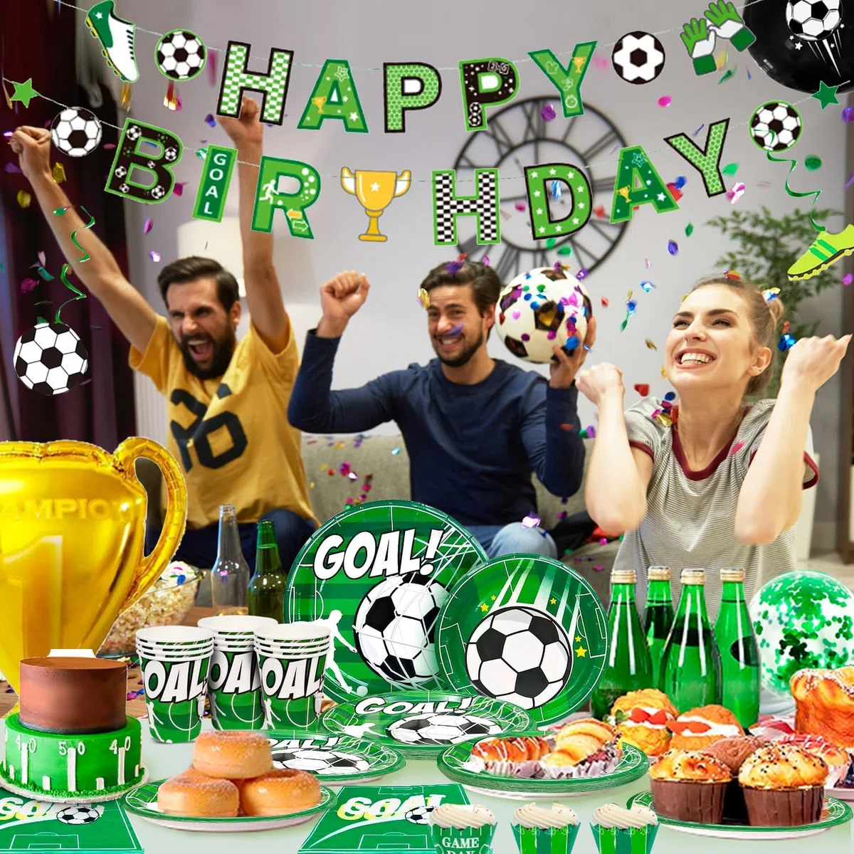 Forniture per Feste di Calcio,16 Ospiti Calcio Stoviglie per Feste di Compleanno Calcio Decorazioni Set-Tema Calcio per Piatti Tazze Striscioni etc Decorazioni Compleanno Tema Sportivo