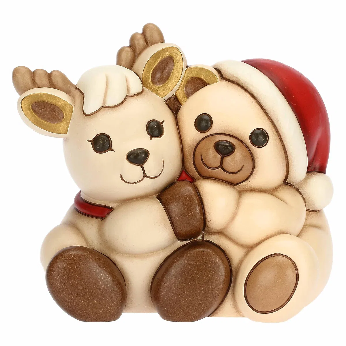 THUN, Coppia Teddy e Renna Robin Abbracciati in Ceramica Decorata a Mano, Addobbo Natalizio, Idea Regalo, 15x11.3x14 cm h